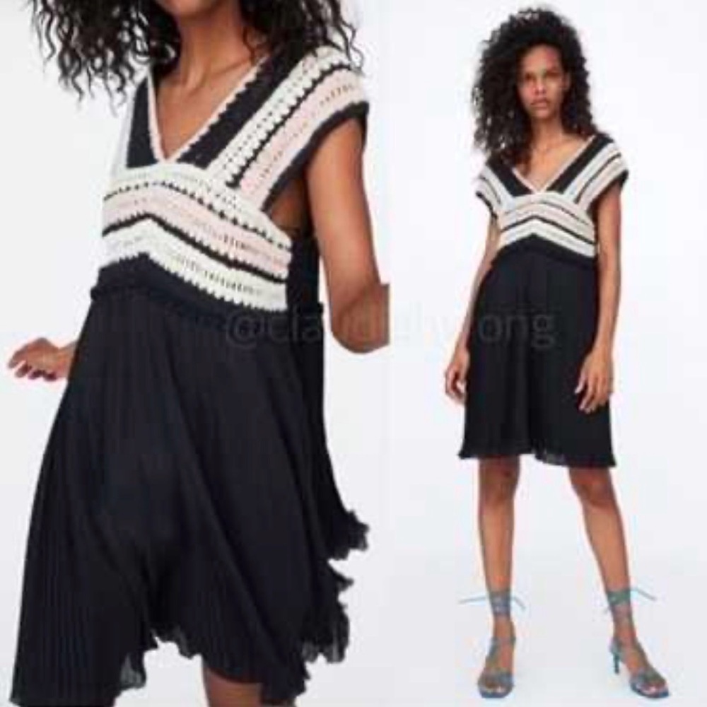 Zara Women Lined Dress Pleated , Crochet Trip Sleeveless XS nwot